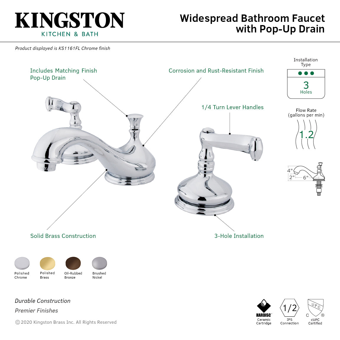 Kingston Tulare KS1161FLTwo-Handle 3-Hole Deck Mount Widespread Bathroom Faucet with Brass Pop-Up, Polished Chrome — thumbnail 2